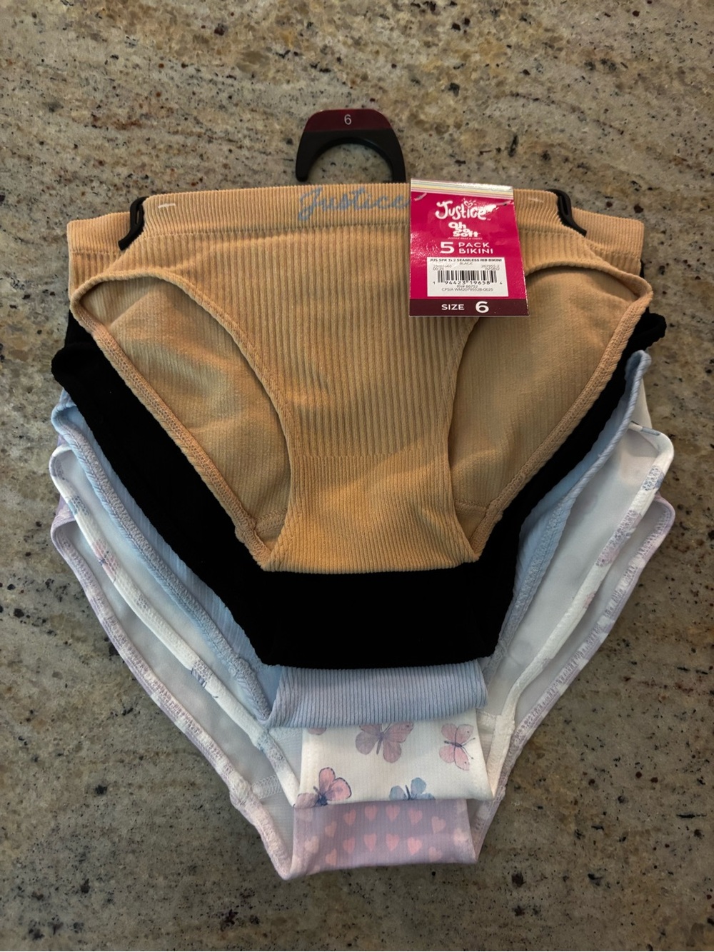 Justice Girls' 5-Pack Bikini Briefs - Tan, Black, Pastel Prints - Size 6
